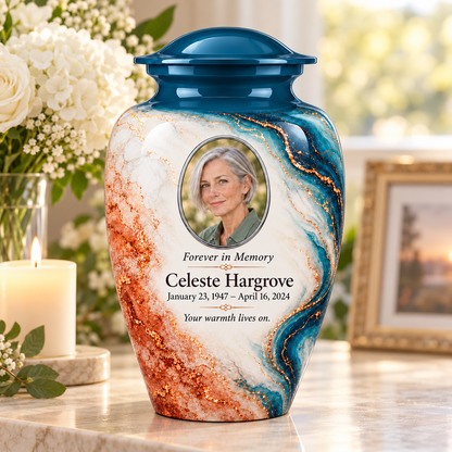 Peacock Tracer adult urn on a memorial console with fictional sample photo and text.