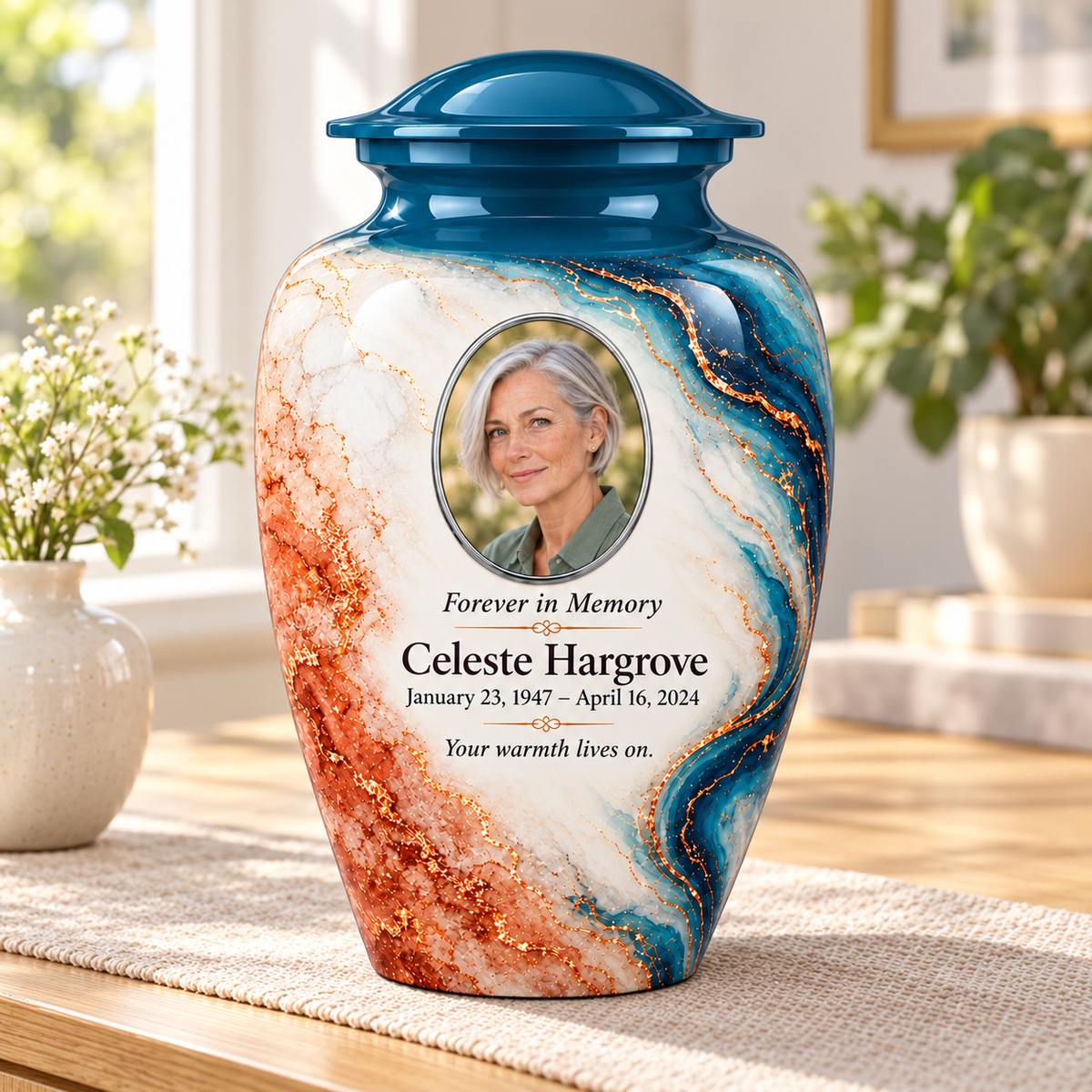 Peacock Tracer adult urn in a sunlit home with fictional sample photo and text.