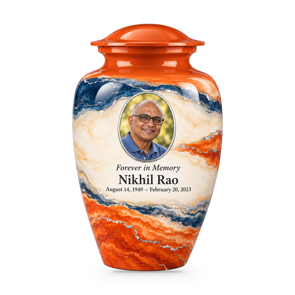 Persimmon Horizon adult urn with fictional sample photo and text.