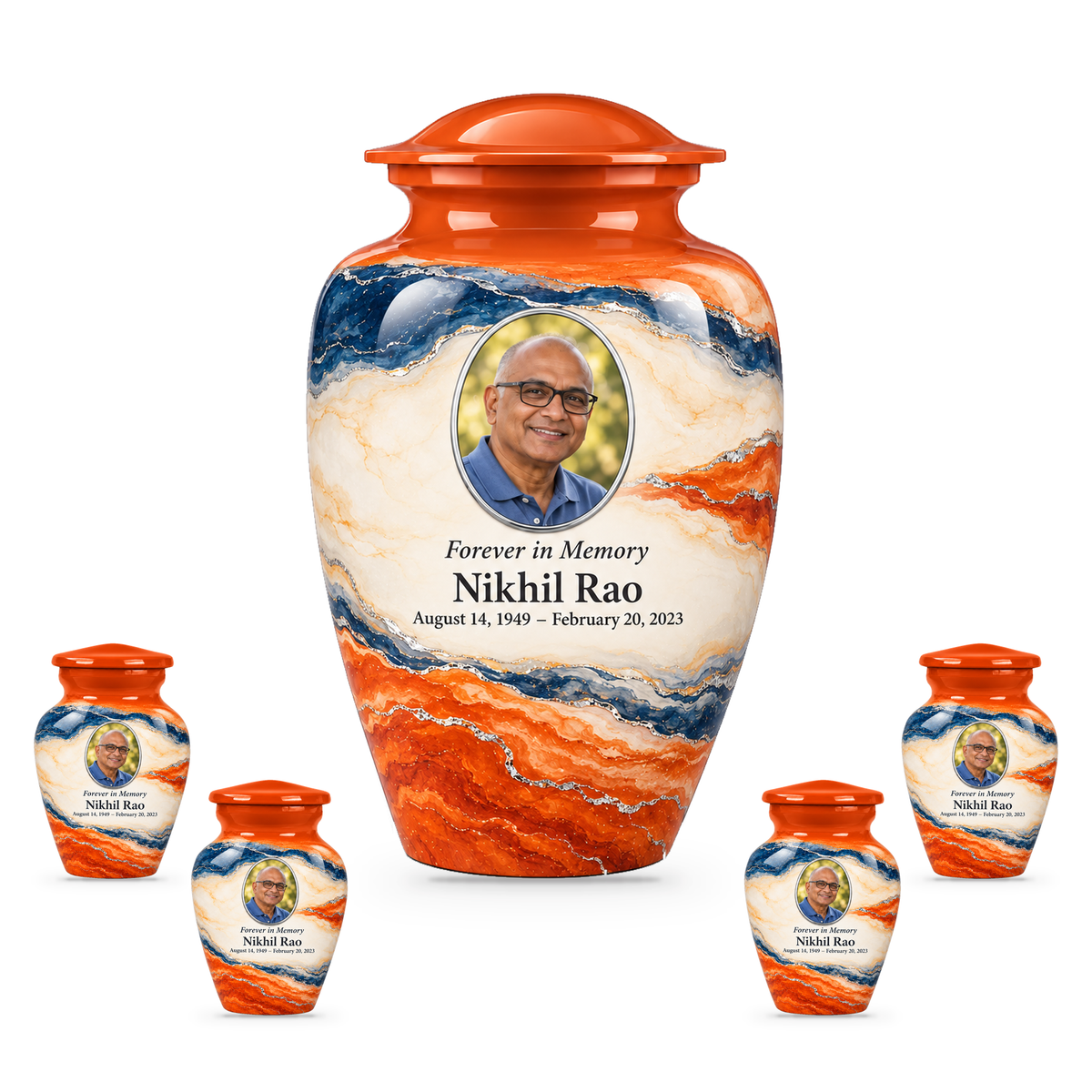 Persimmon Horizon adult urn with four keepsakes with fictional sample photo and text.