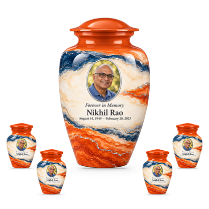 Persimmon Horizon adult urn with four keepsakes with fictional sample photo and text.