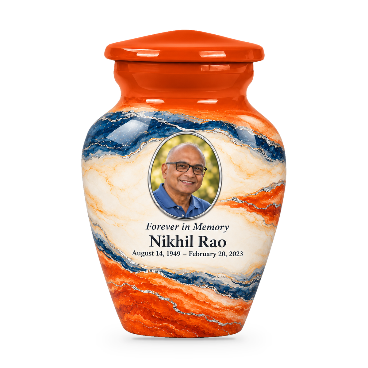Persimmon Horizon single keepsake urn with fictional sample photo and text.