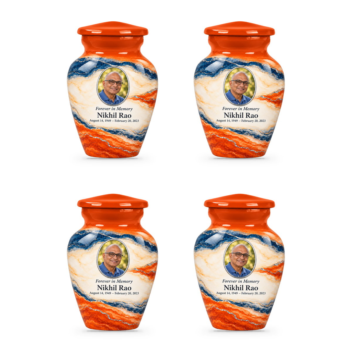 Persimmon Horizon set of four keepsake urns with fictional sample photo and text.