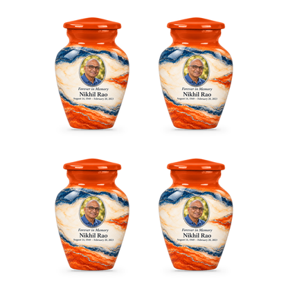 Persimmon Horizon set of four keepsake urns with fictional sample photo and text.