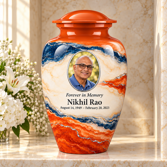 Persimmon Horizon adult urn in a columbarium setting with fictional sample photo and text.
