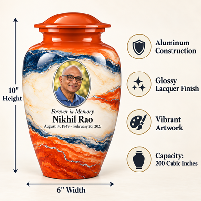 Persimmon Horizon adult urn size guide: 10 inches high, 6 inches wide, 200 cubic inches with fictional sample photo and text.