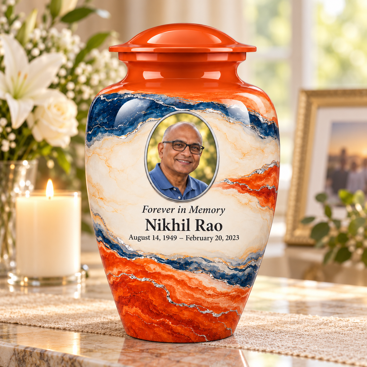 Persimmon Horizon adult urn on a memorial console with fictional sample photo and text.