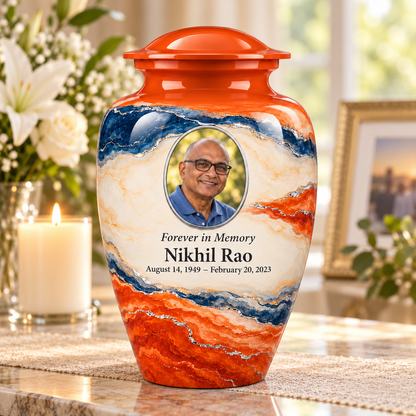 Persimmon Horizon adult urn on a memorial console with fictional sample photo and text.
