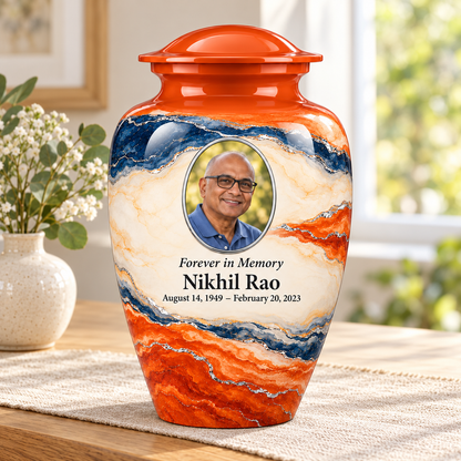 Persimmon Horizon adult urn in a sunlit home with fictional sample photo and text.