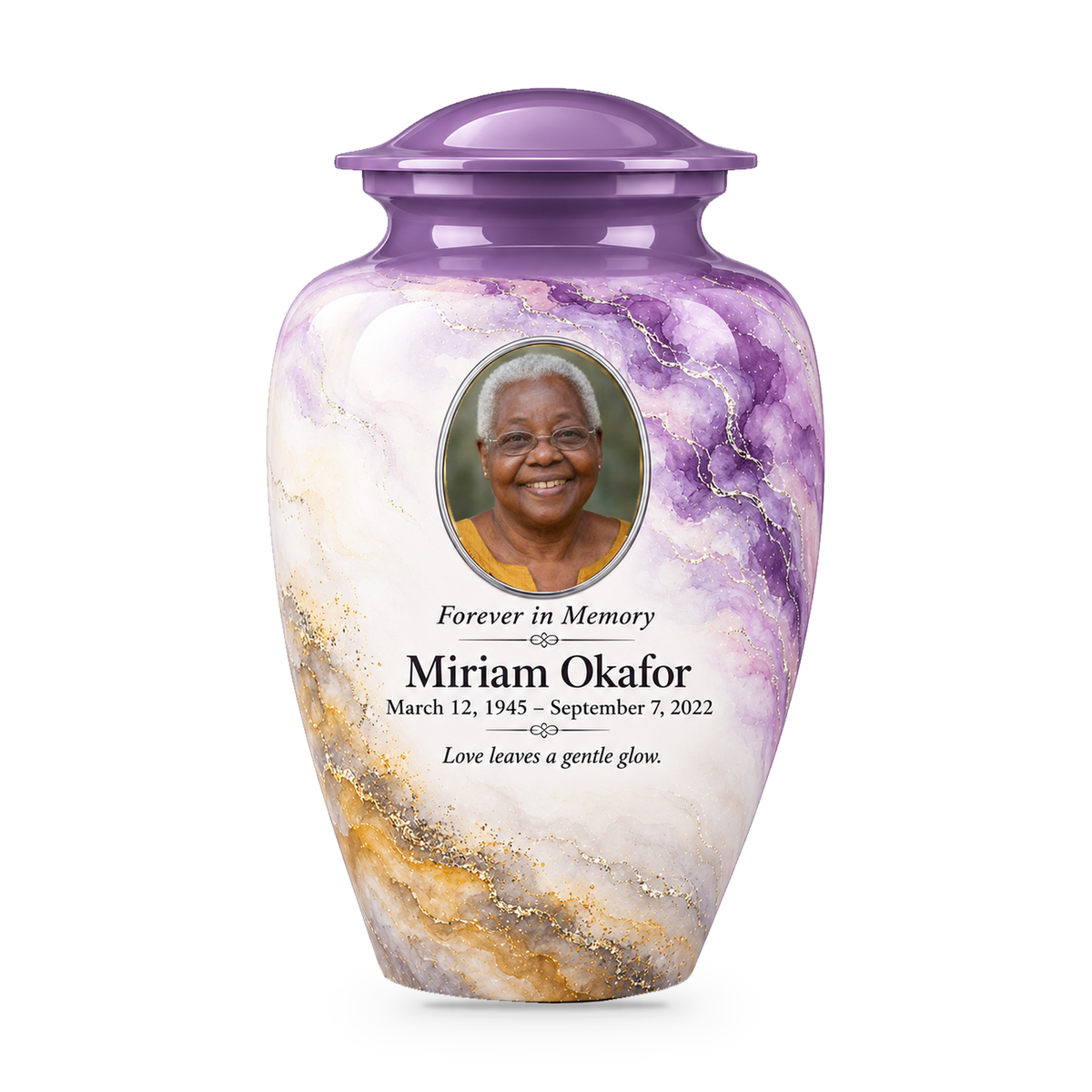 Wisteria Nimbus adult urn with fictional sample photo and text.
