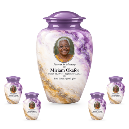 Wisteria Nimbus adult urn with four keepsakes with fictional sample photo and text.