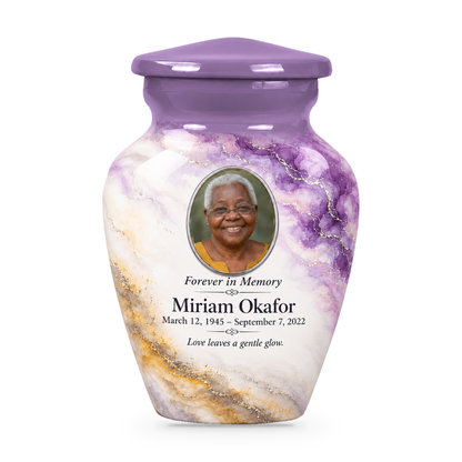 Wisteria Nimbus single keepsake urn with fictional sample photo and text.