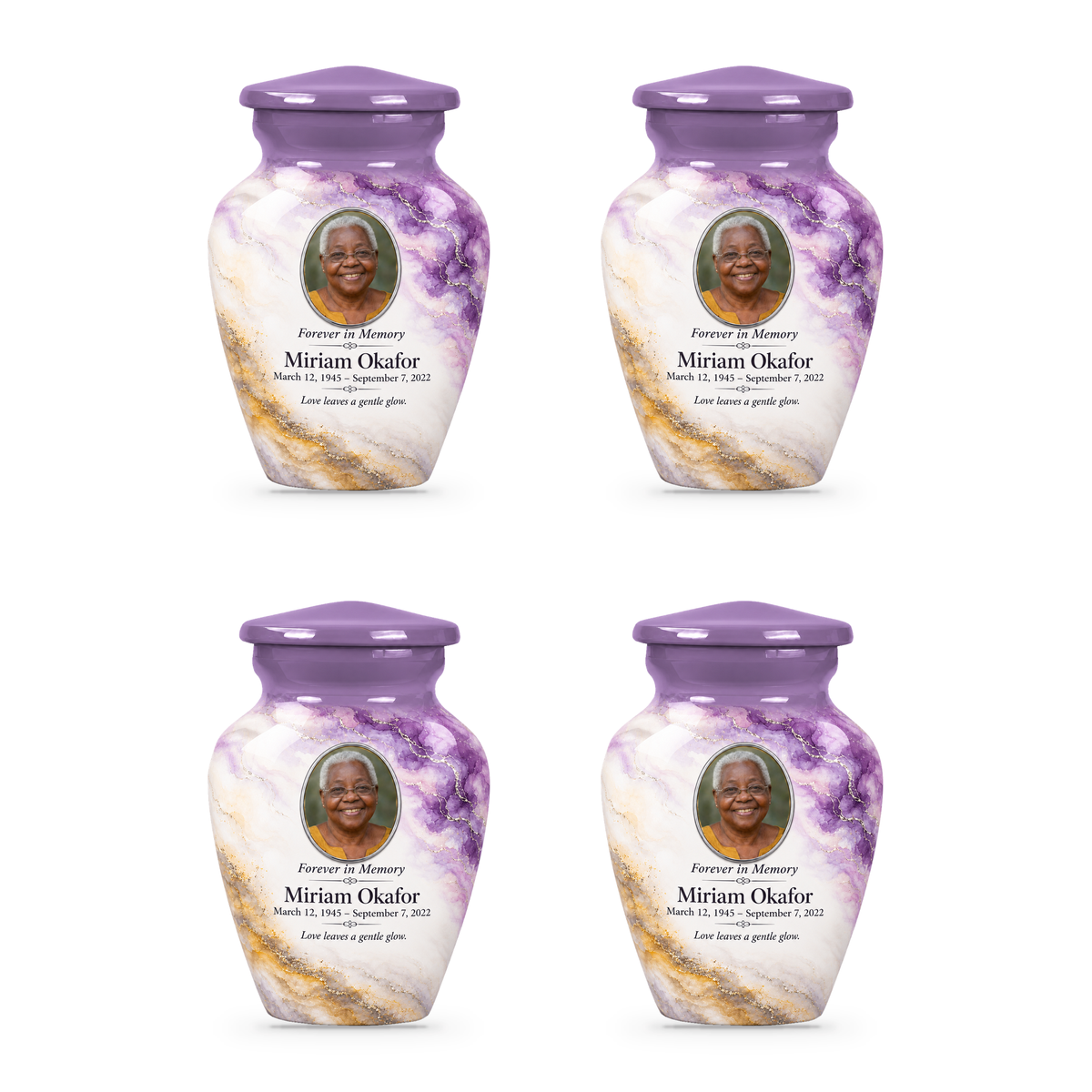 Wisteria Nimbus set of four keepsake urns with fictional sample photo and text.