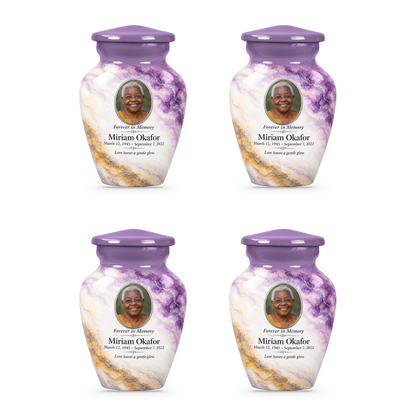 Wisteria Nimbus set of four keepsake urns with fictional sample photo and text.