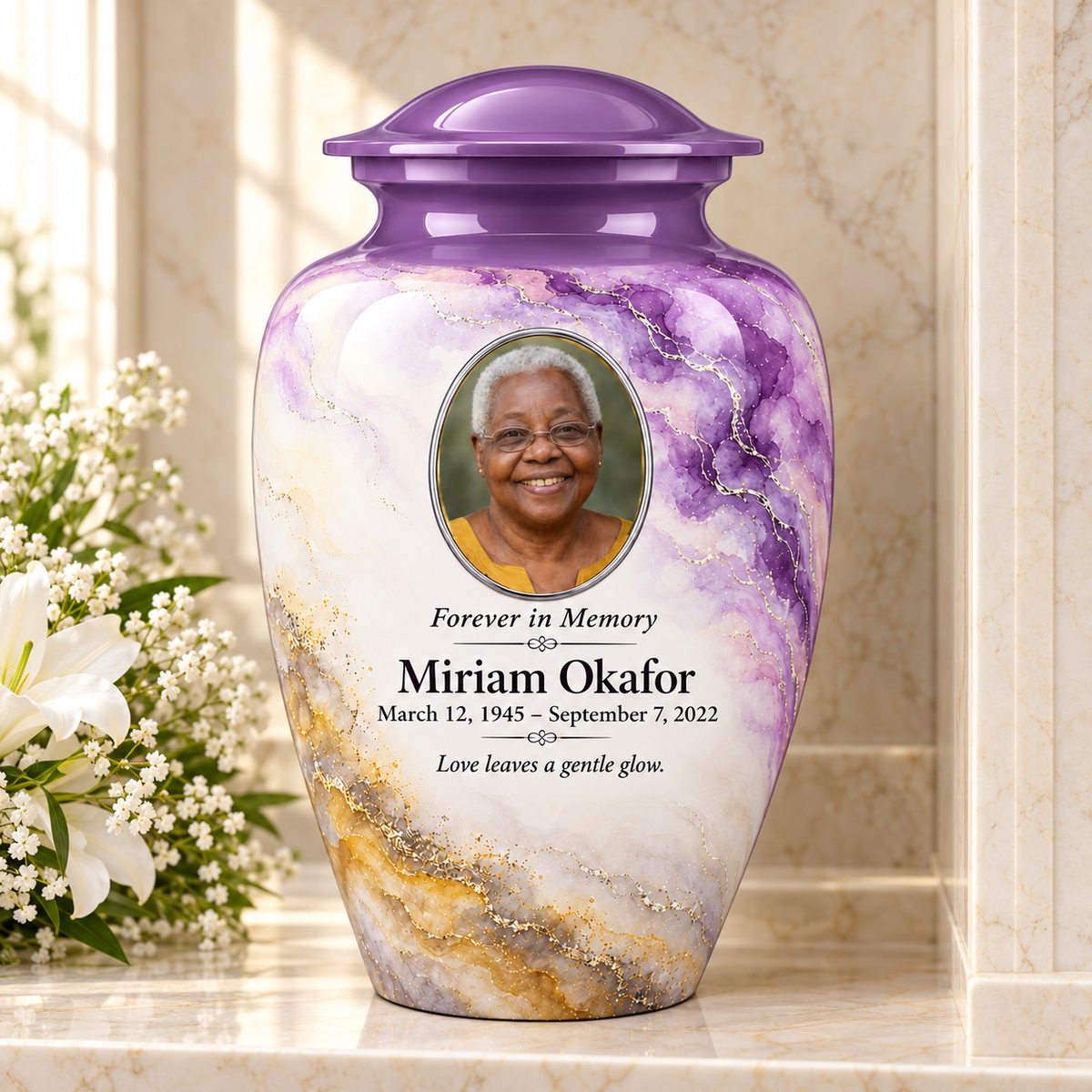 Wisteria Nimbus adult urn in a columbarium setting with fictional sample photo and text.
