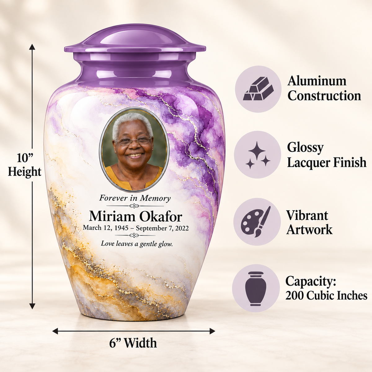 Wisteria Nimbus adult urn size guide: 10 inches high, 6 inches wide, 200 cubic inches with fictional sample photo and text.