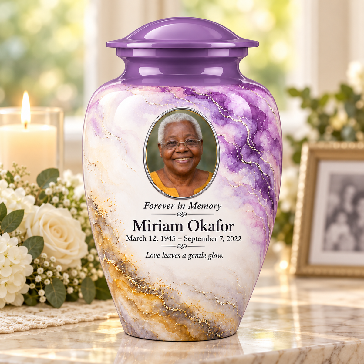 Wisteria Nimbus adult urn on a memorial console with fictional sample photo and text.