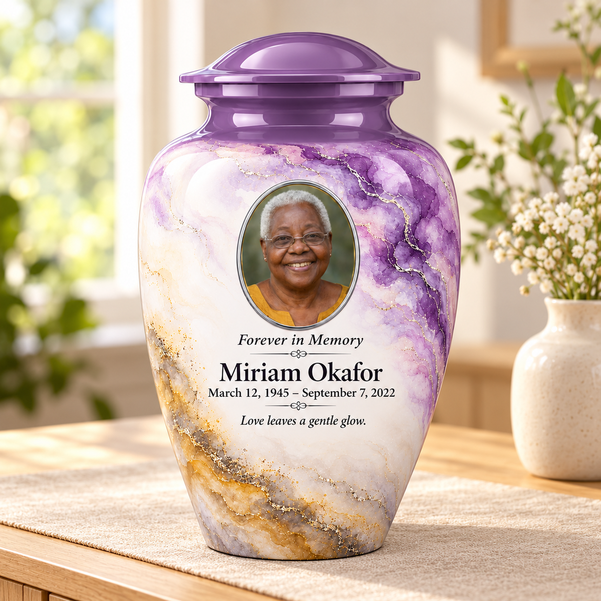 Wisteria Nimbus adult urn in a sunlit home with fictional sample photo and text.