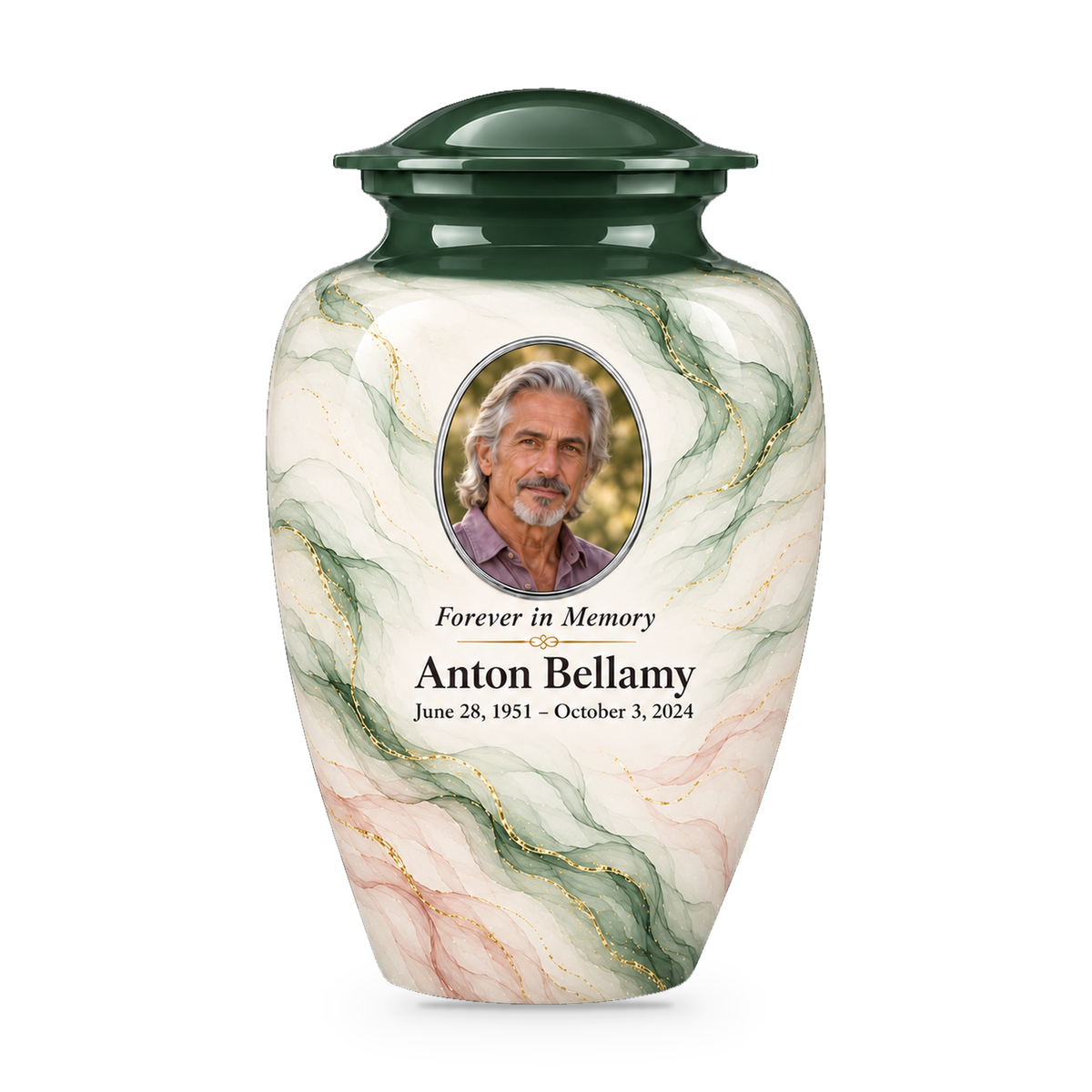 Cypress Zephyr adult urn with fictional sample photo and text.