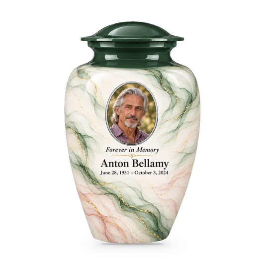 Cypress Zephyr adult urn with fictional sample photo and text.