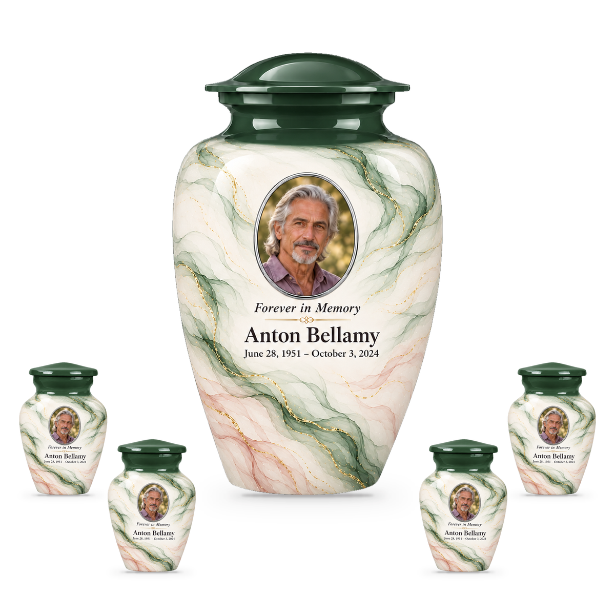 Cypress Zephyr adult urn with four keepsakes with fictional sample photo and text.