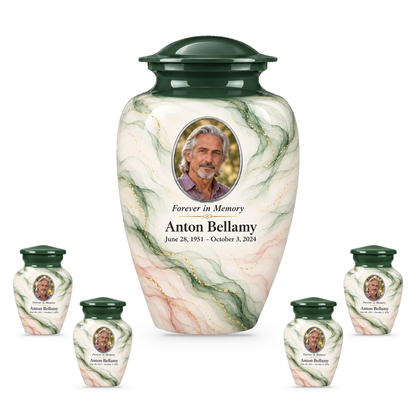 Cypress Zephyr adult urn with four keepsakes with fictional sample photo and text.