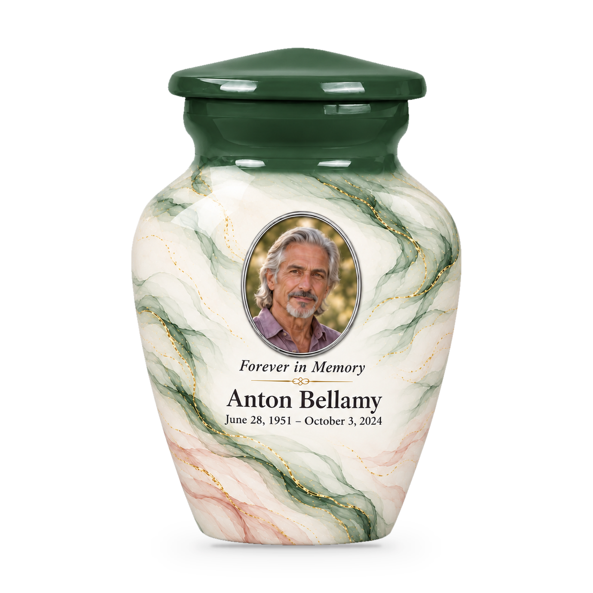 Cypress Zephyr single keepsake urn with fictional sample photo and text.