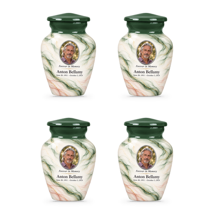 Cypress Zephyr set of four keepsake urns with fictional sample photo and text.