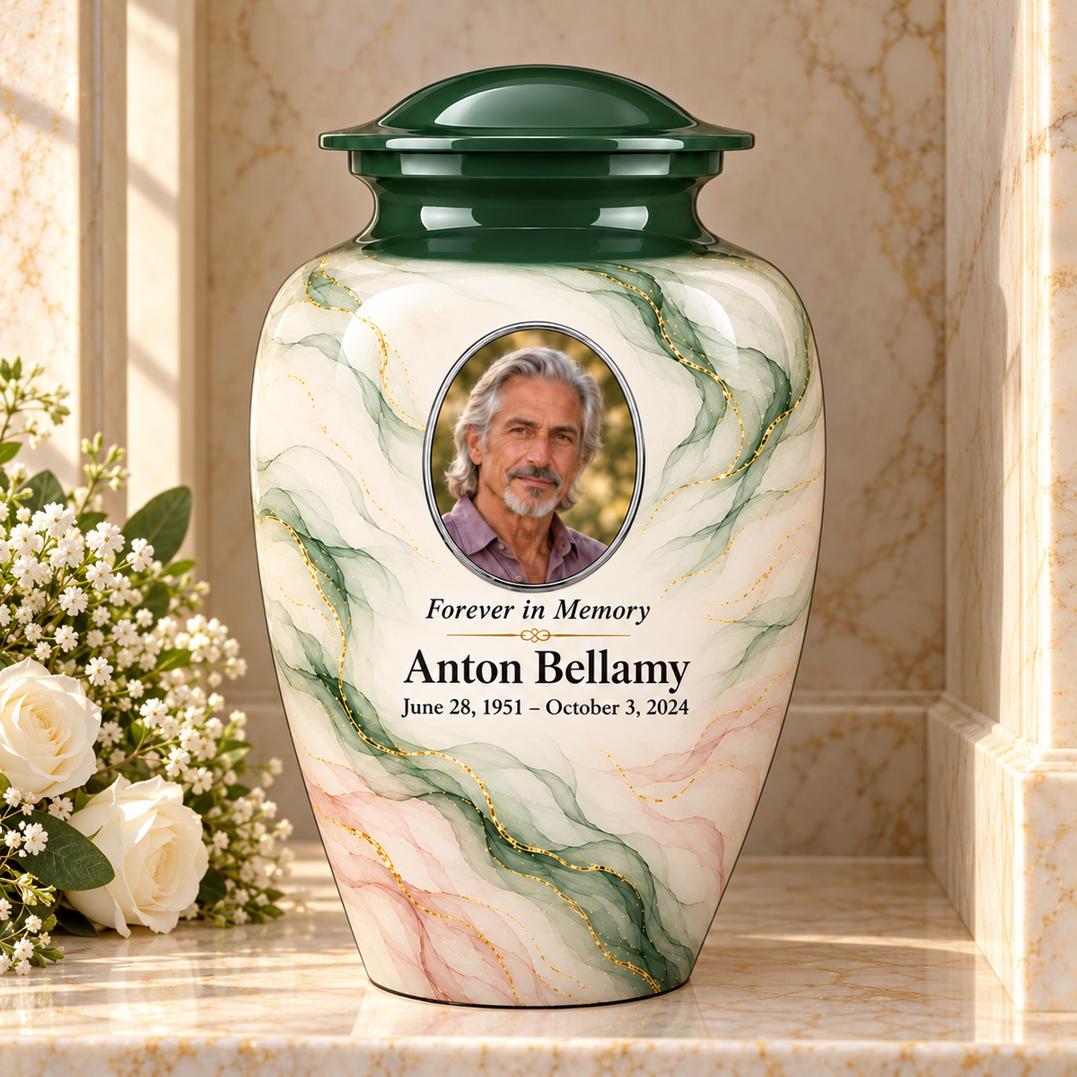 Cypress Zephyr adult urn in a columbarium setting with fictional sample photo and text.