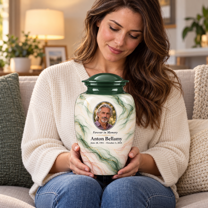 Yatskia Cypress Zephyr personalized urn held on a seated adult’s lap