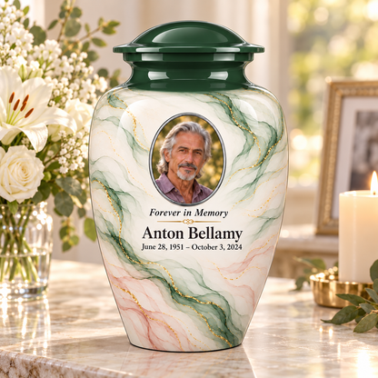 Yatskia Cypress Zephyr personalized urn on a memorial console