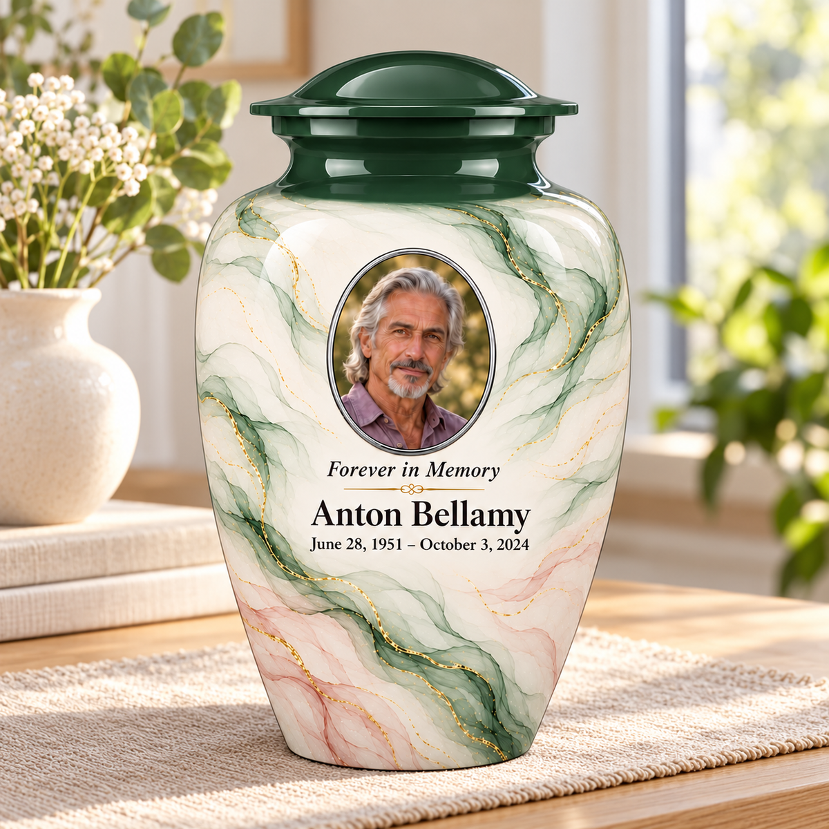 Yatskia Cypress Zephyr personalized urn in a sunlit home