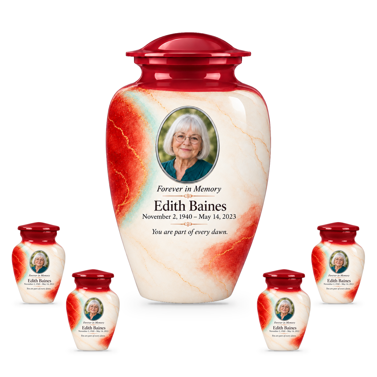 Yatskia Paprika Halo 10-inch adult urn with four 3-inch keepsake urns on white background