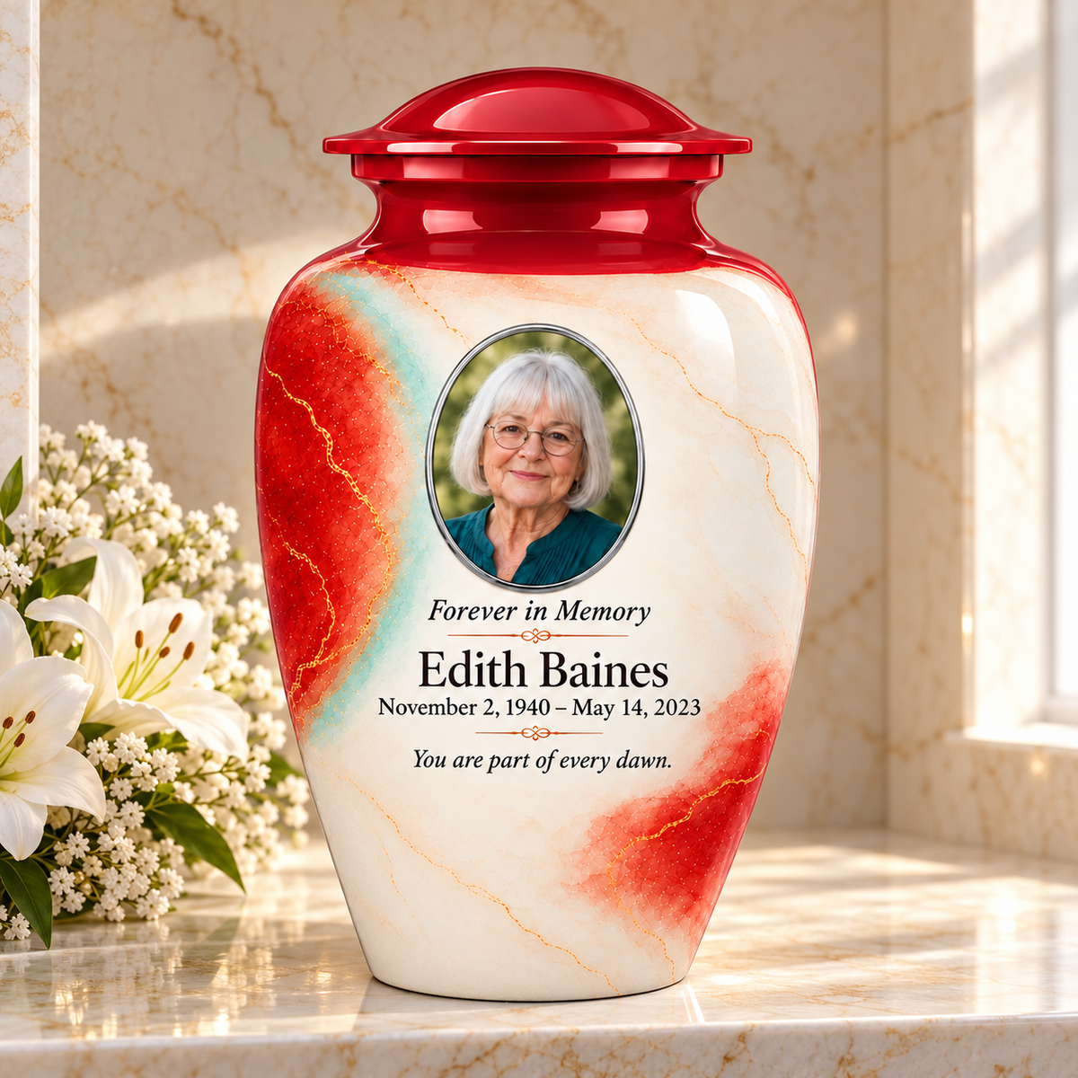 Yatskia Paprika Halo personalized urn in a columbarium niche