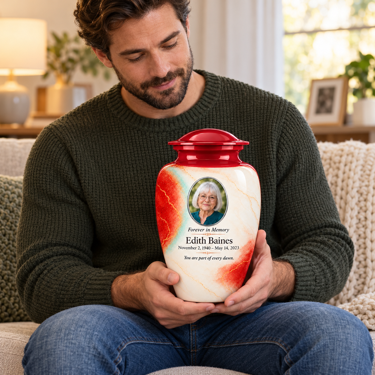 Yatskia Paprika Halo personalized urn held on a seated adult’s lap