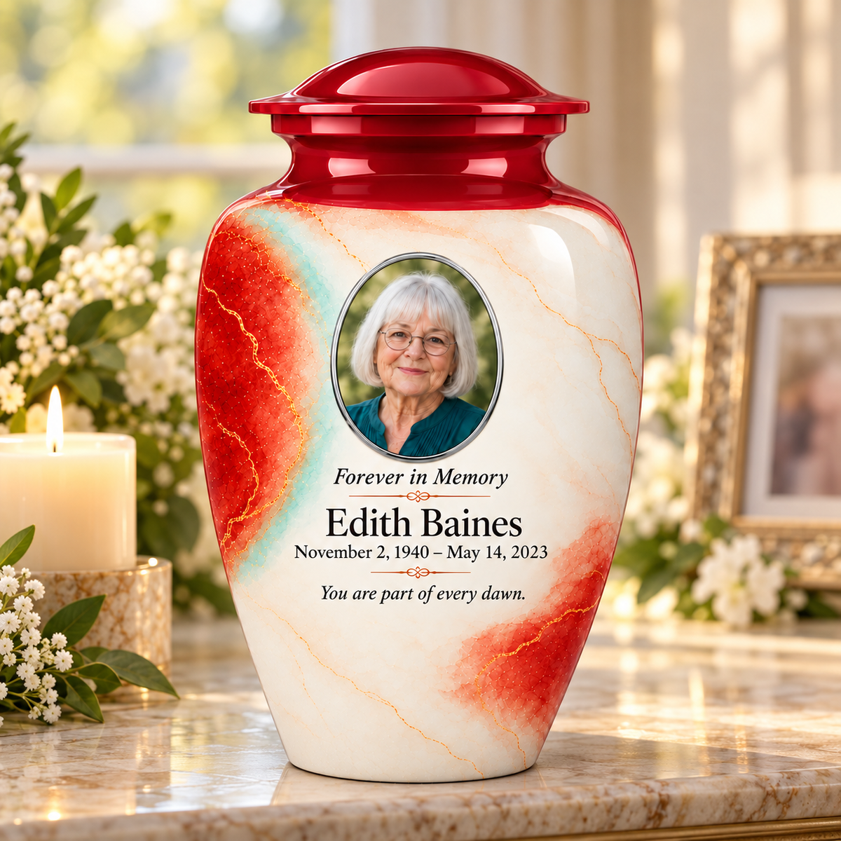 Yatskia Paprika Halo personalized urn on a memorial console