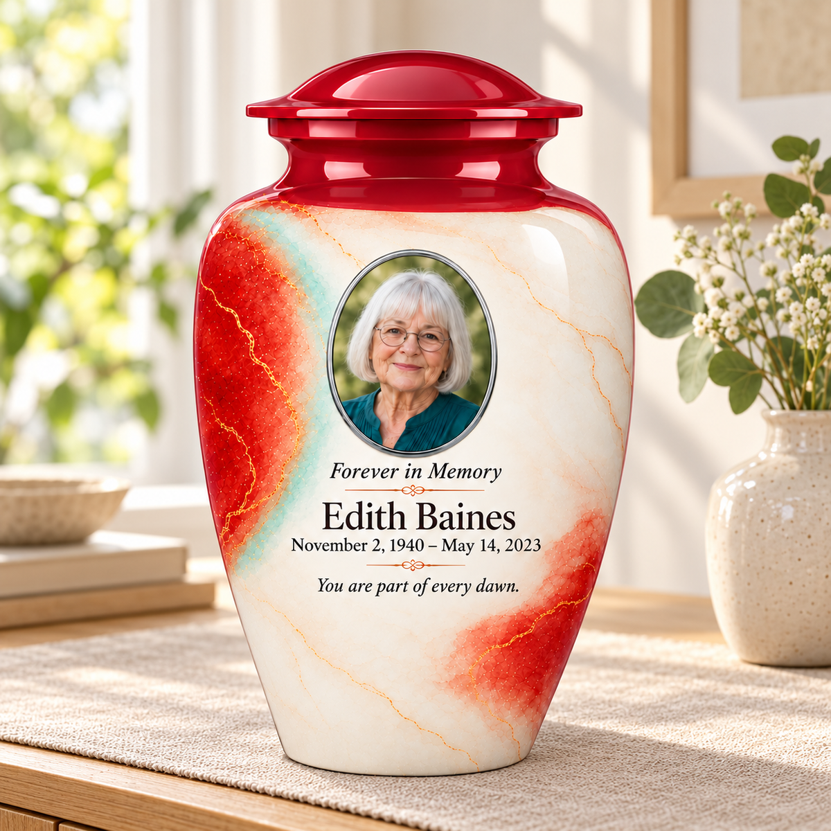 Yatskia Paprika Halo personalized urn in a sunlit home