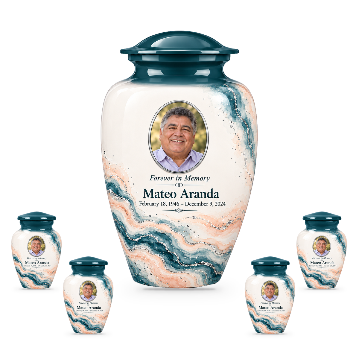 Yatskia Spruce Rivulet 10-inch adult urn with four 3-inch keepsake urns on white background