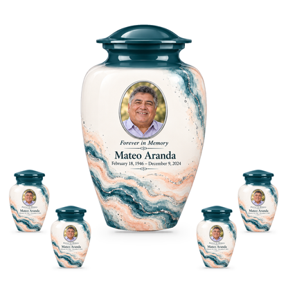Yatskia Spruce Rivulet 10-inch adult urn with four 3-inch keepsake urns on white background