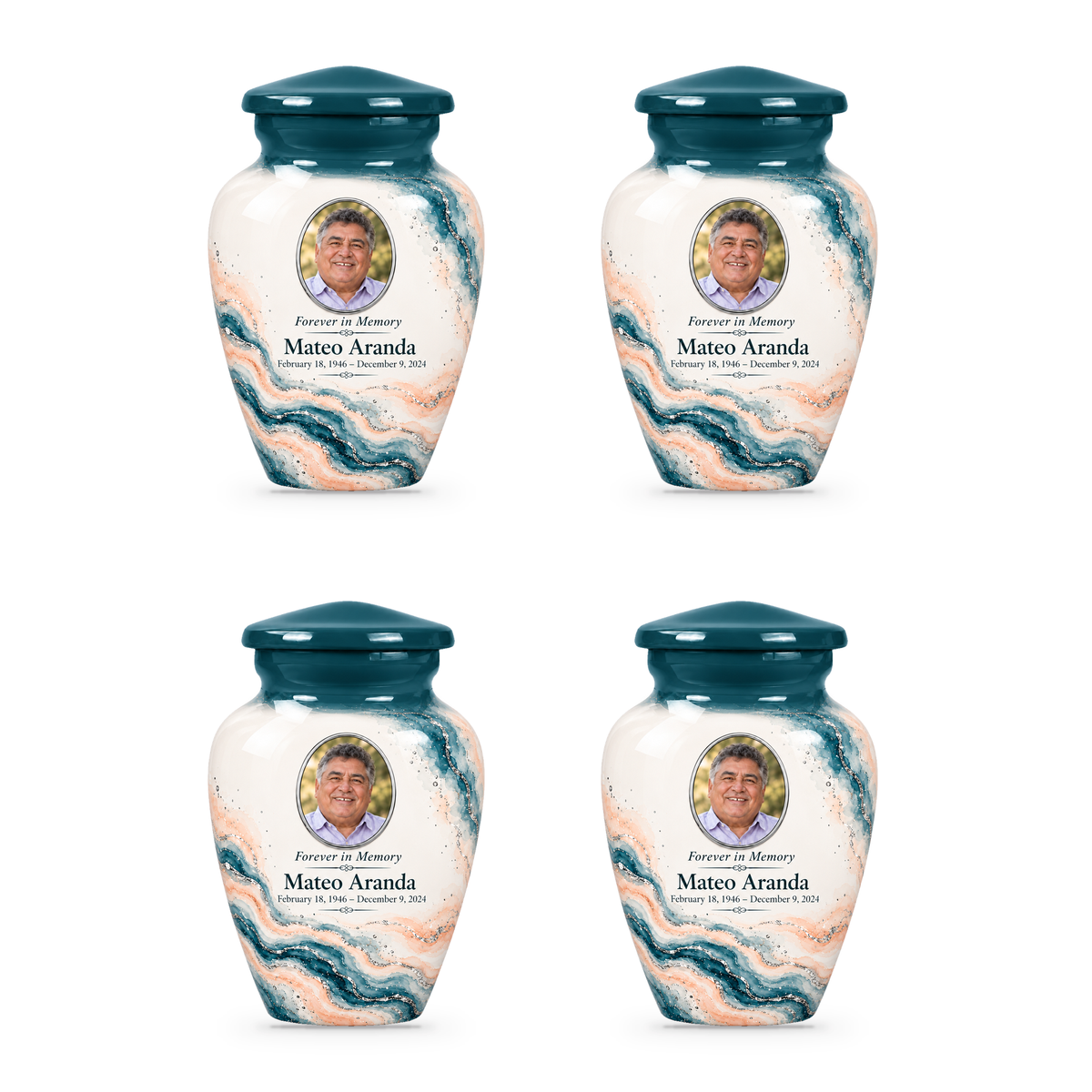 Yatskia Spruce Rivulet four 3-inch keepsake urns on white background