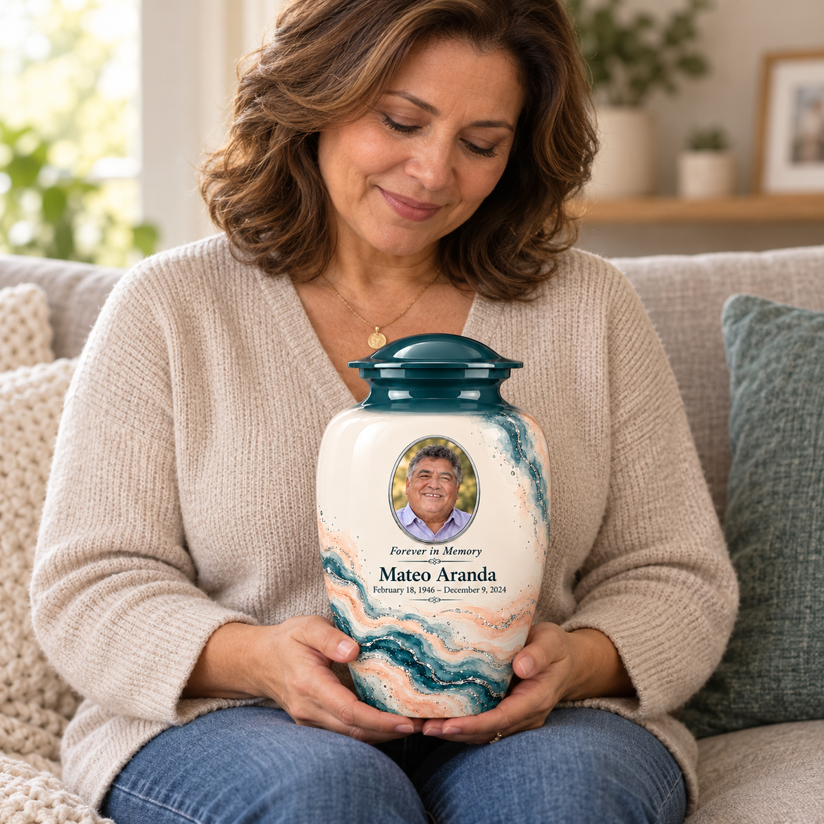 Yatskia Spruce Rivulet personalized urn held on a seated adult’s lap