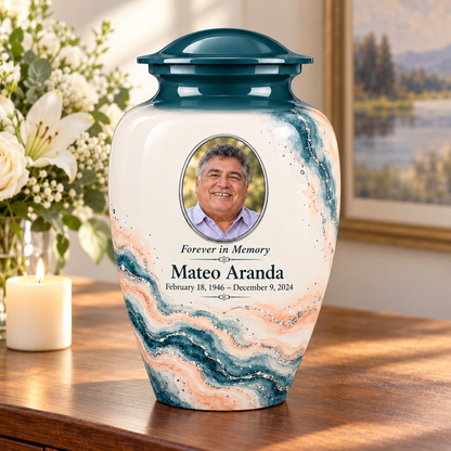 Yatskia Spruce Rivulet personalized urn on a memorial console