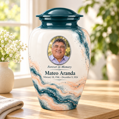 Yatskia Spruce Rivulet personalized urn in a sunlit home