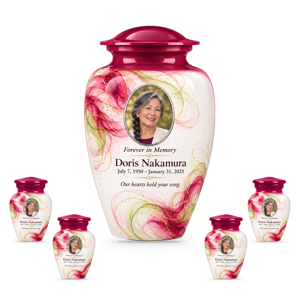 Yatskia Magenta Gossamer 10-inch adult urn with four 3-inch keepsake urns on white background