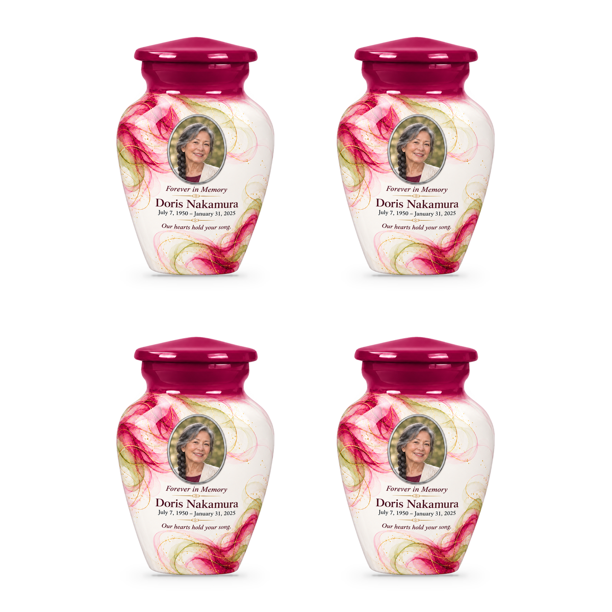 Yatskia Magenta Gossamer four 3-inch keepsake urns on white background