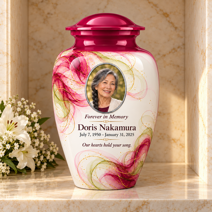 Yatskia Magenta Gossamer personalized urn in a columbarium niche