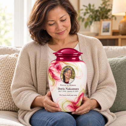 Yatskia Magenta Gossamer personalized urn held on a seated adult’s lap