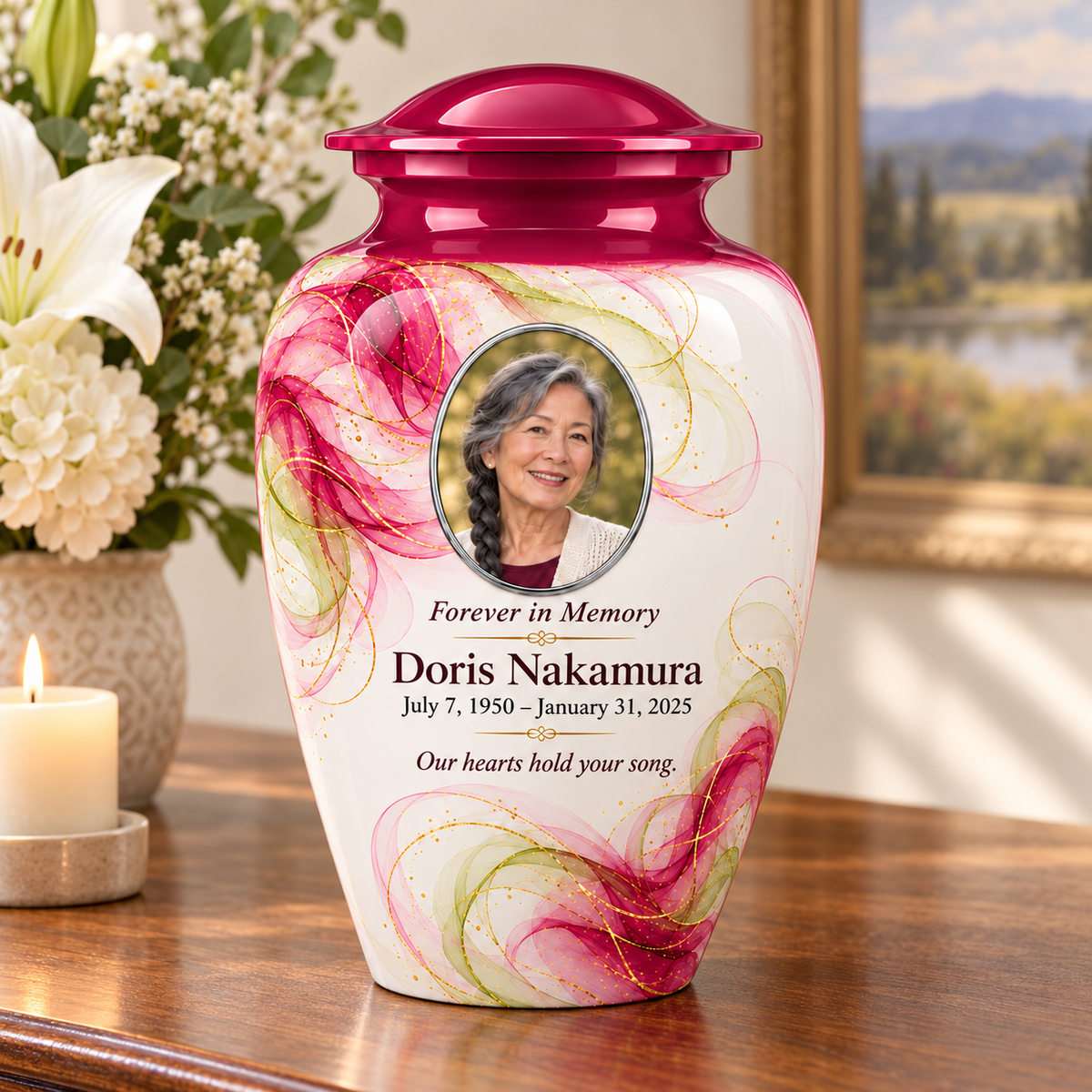 Yatskia Magenta Gossamer personalized urn on a memorial console