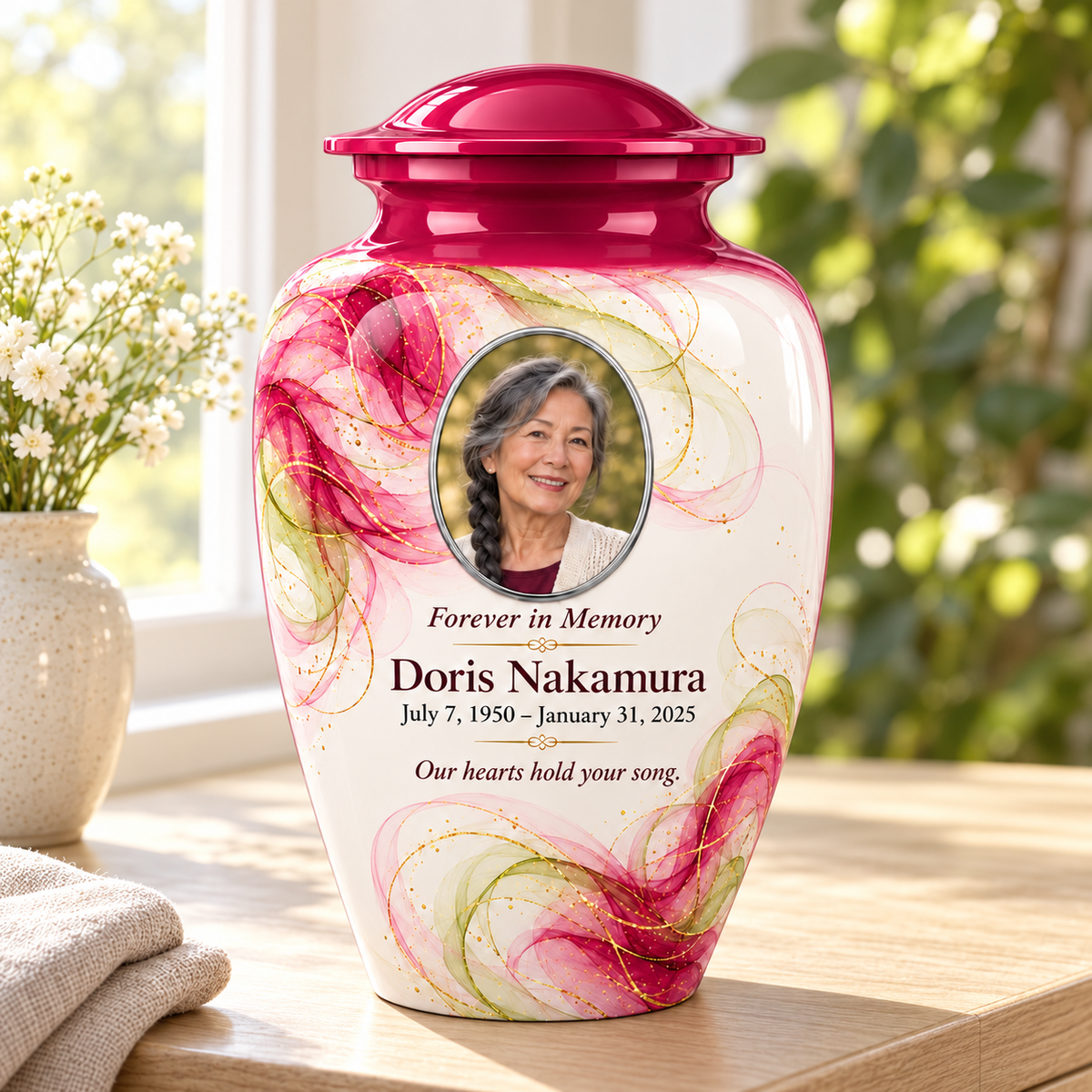 Yatskia Magenta Gossamer personalized urn in a sunlit home