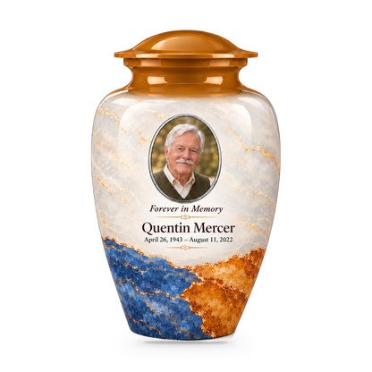 Ochre Blue Abstract Swirl Photo Urn for Ashes 